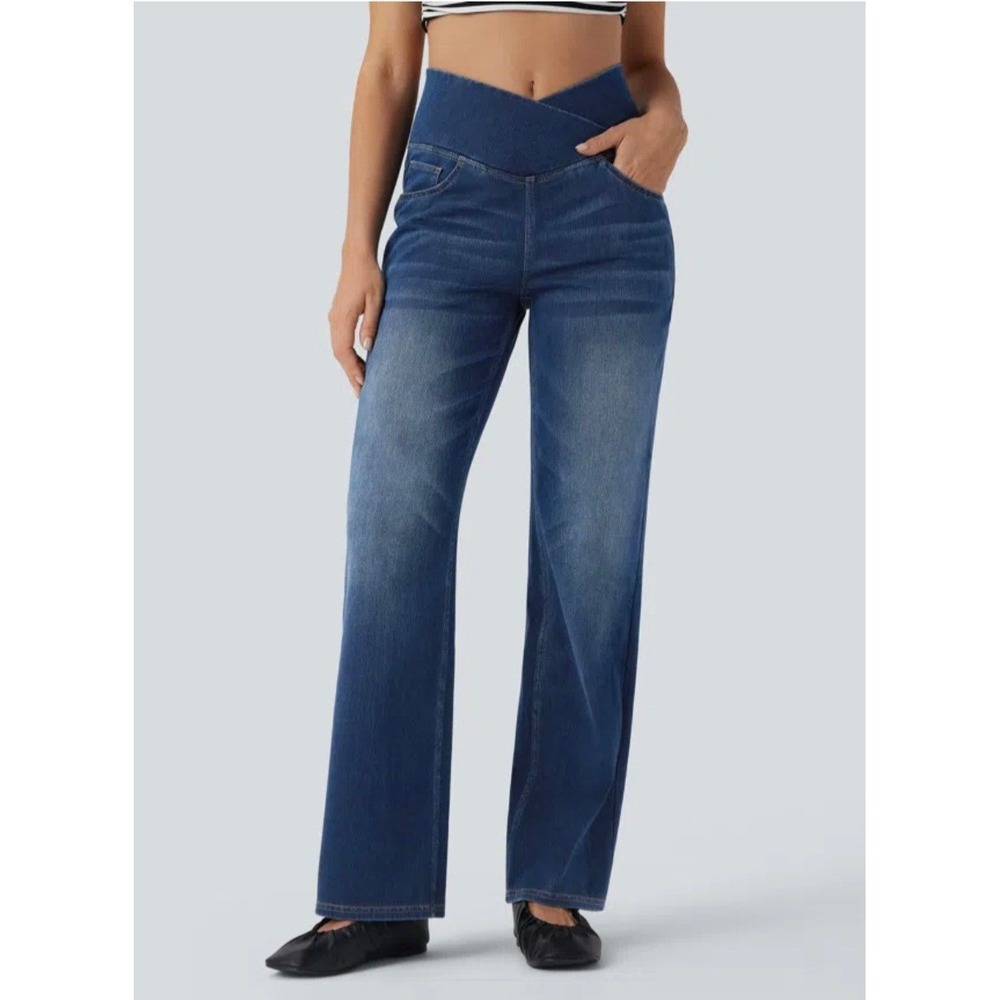 Halara Flex Crossover High Waisted Tummy Control Casual Medium Wash Jeans Large